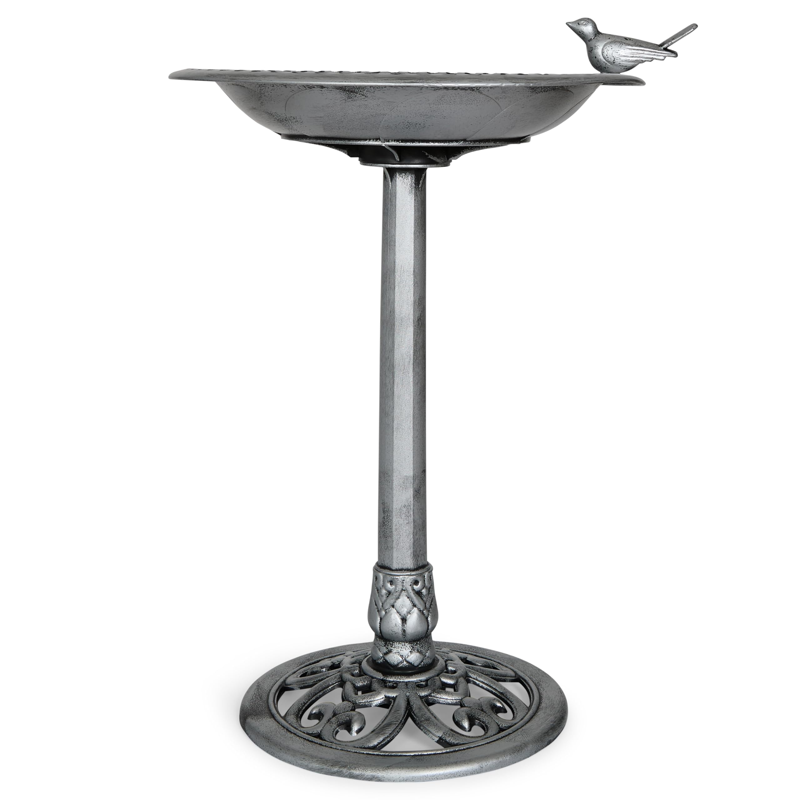 Outdoor Garden Bird Bath - Silver - Weather Resistant Polyresin - 30 Inch - Backyard Expressions