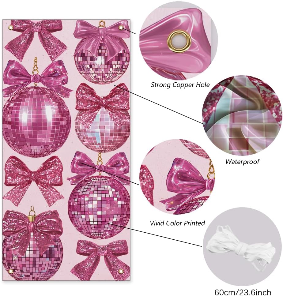 arricraft 1Pc Bowknot Theme Polyester Door Cover, 72.83"x35.43" Pink Bow Disco Ball Pattern Backdrop Banner Door Porch Sign Photography Background for Party Porch Home Decor Accessories image 3