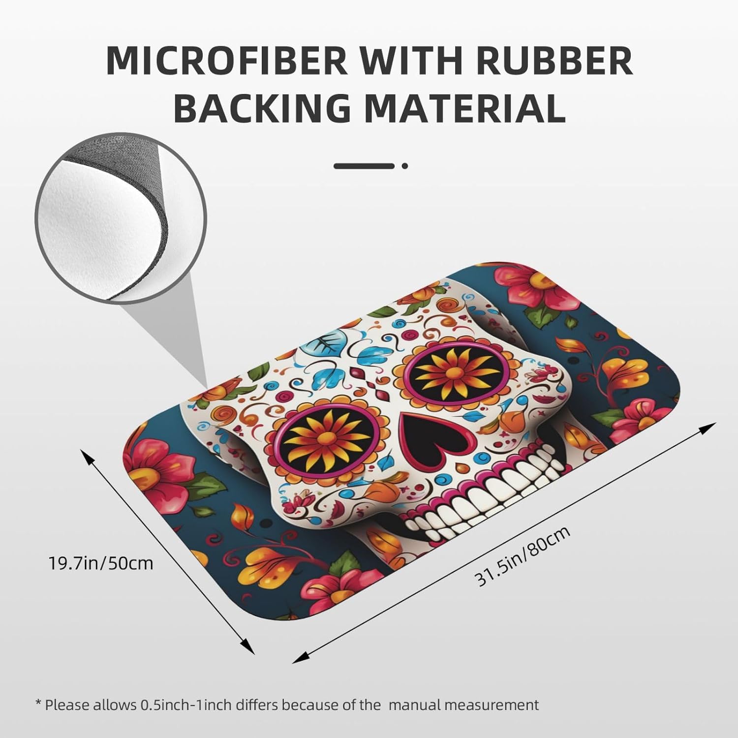 Stone Bath Mats Colorful Sugar Skull Diatomaceous Earth Bath Mat Super Absorbent Bathroom Floor Mat Quick Drying Diatomite Shower Mat for Shower Bathtub Bathroom Accessory 19.7x31.5in