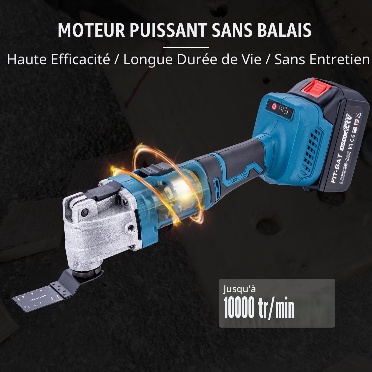 KATSU FIT-BAT 21V Outil Multifonction Oscillant sans Fil Brushless Moteur sans Balais avec 3,0 Ah Batterie et Chargeur, 6 Vitesses, Système de Changement Rapide, pour Ponçage Meulage