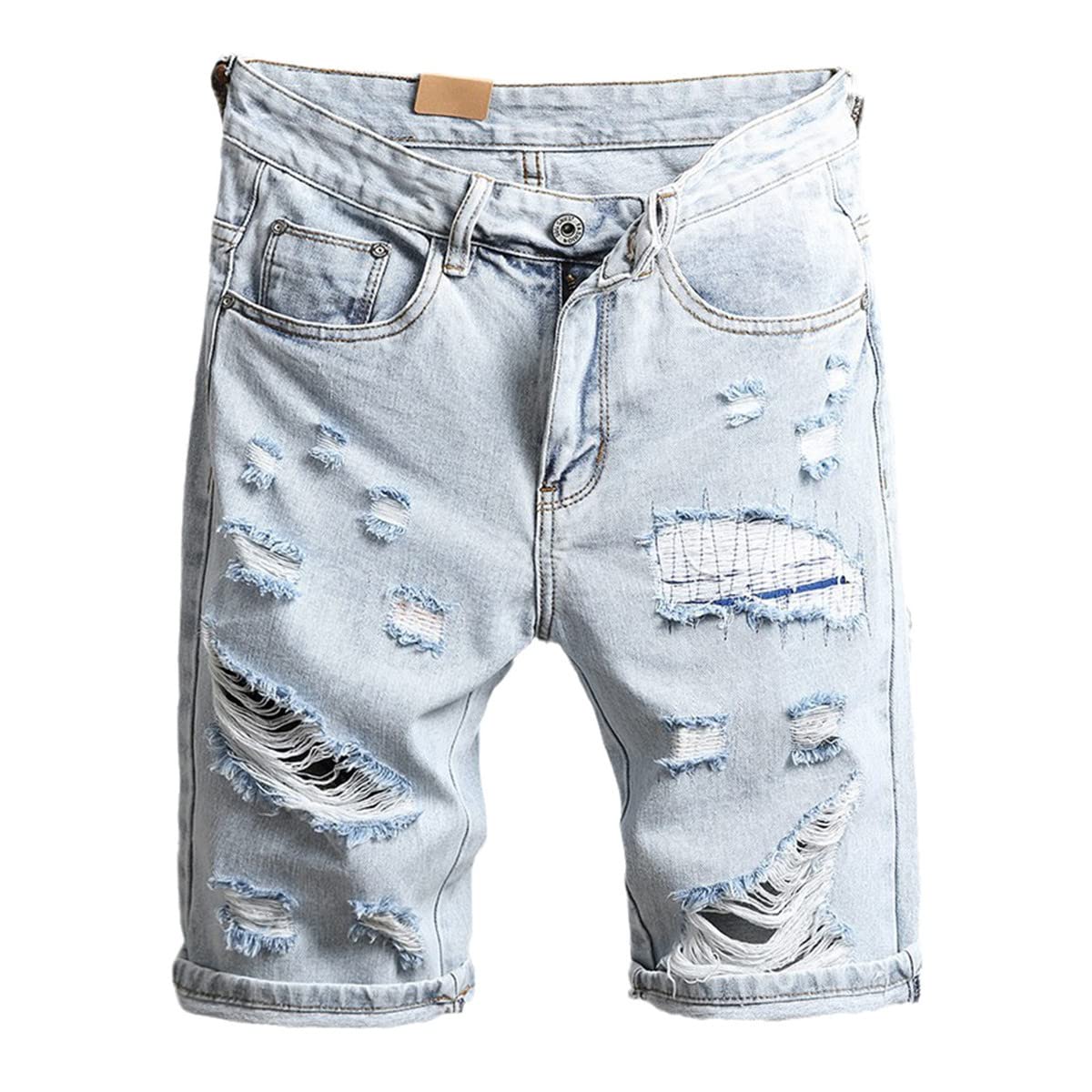 Kelsiop Pantaloncini di jeans strappati da uomo estivi blu chiaro jeans corti al ginocchio Plus Size Straight Jeans