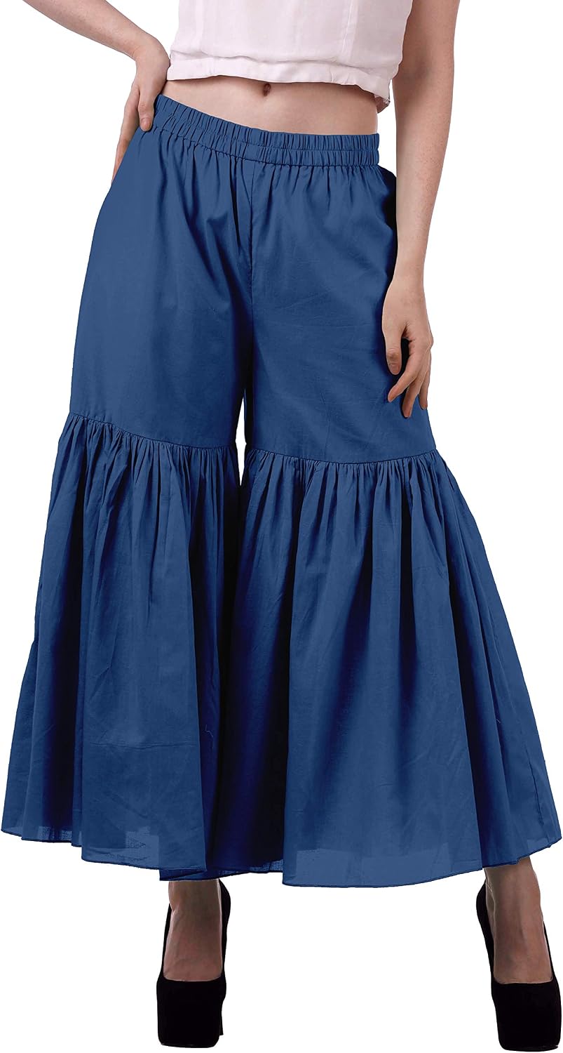 Moomaya Women's Elastic Waist Sharara Pants Cotton Loose Solid Color High Waist Dance Bottom