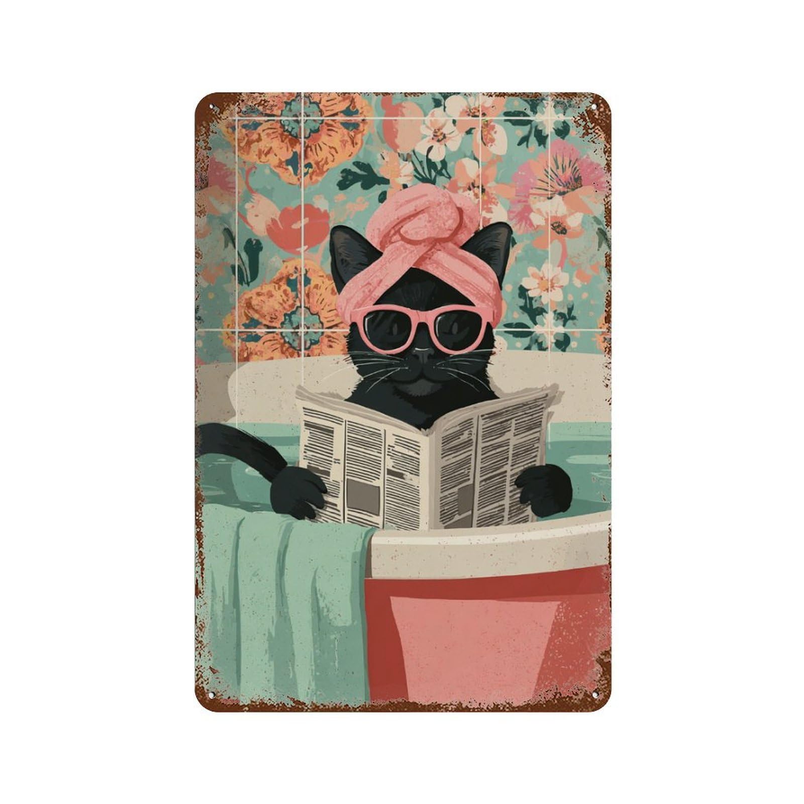 Chill Cat in Bathtub 11.8"x7.9" Vintage Rust Metal Sign, Decorative Metal Wall Art for Bistro, Counter And Cafe Decor