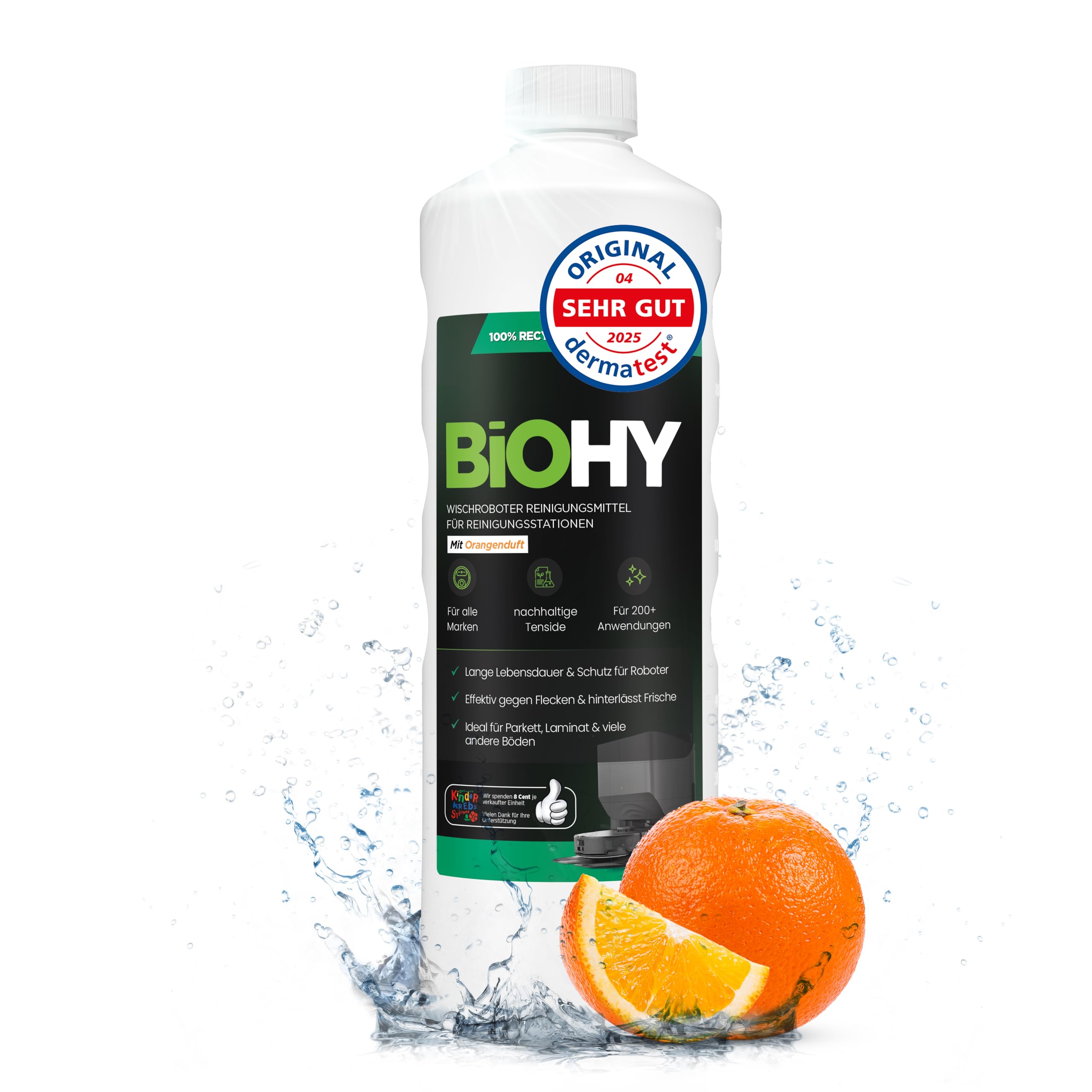 BiOHY Wischroboter Reiniger für Station mit Orangenduft (1L) | Bodenreiniger Wischroboter & Reinigungsmittel für Saugwischer und Saugroboter Konzentrat für Parkett, Fliesen & Hartböden