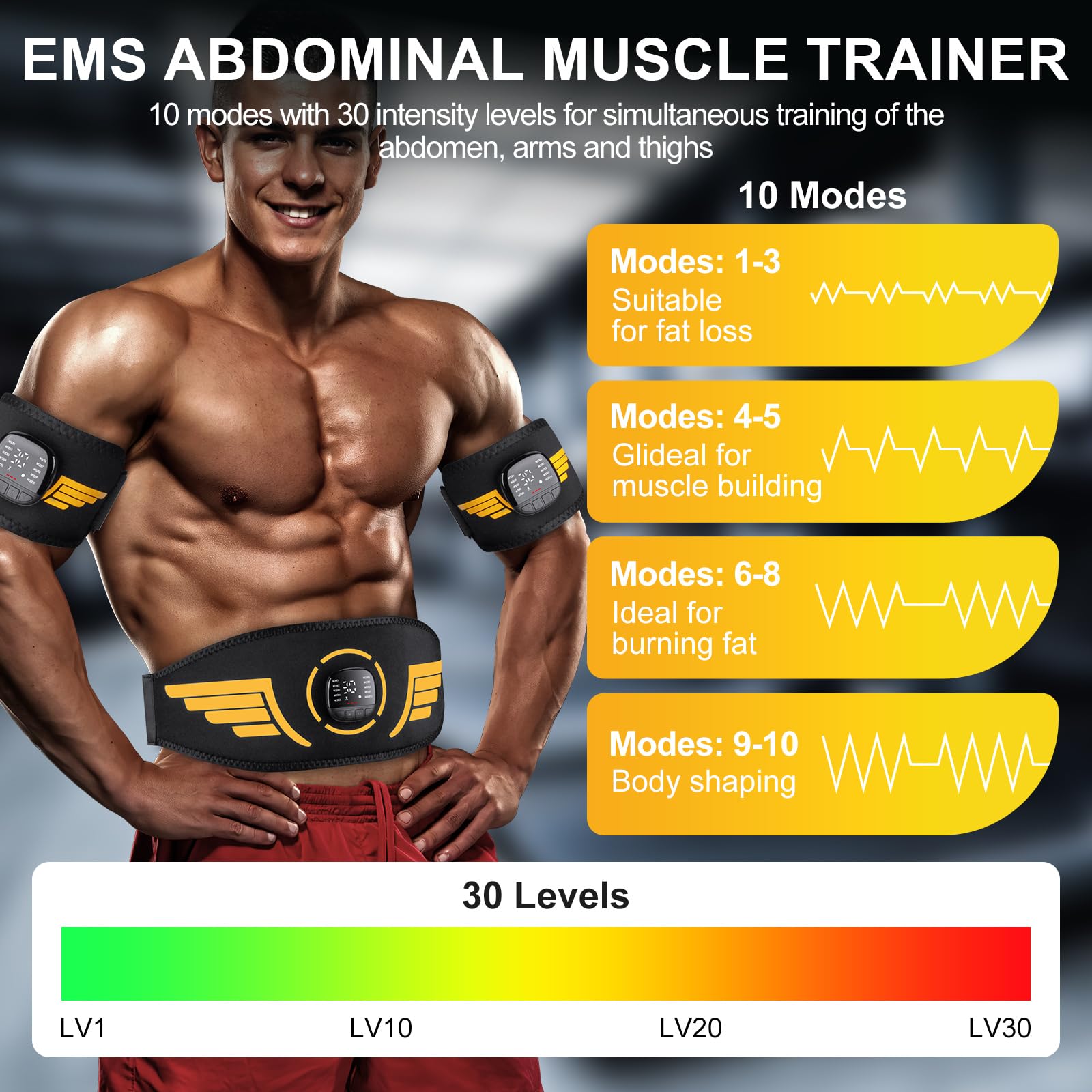 Elettrostimolatore Muscolare,Elettrostimolatore Addominali,Elettrostimolatore con 10 modalità e 30 intensità,USB Ricaricabile,Elettrostimolatore Addome Braccia Gambe per Uomo Donna