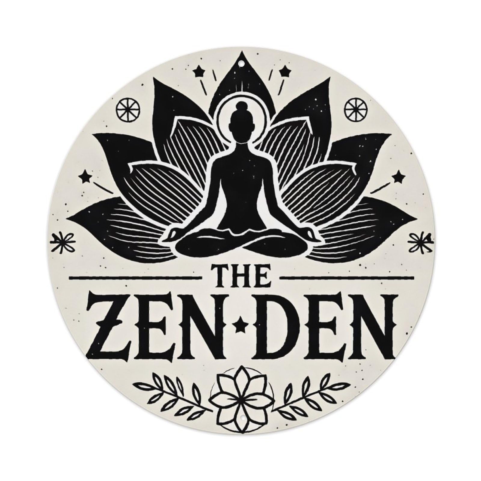 The Zen Den Meditation Lotus Silhouette Round Decor Sign Vintage Aluminium Metal Sign, Retro Wall Decor for Home, Bar, Garage & Farmhouse 20x20cm