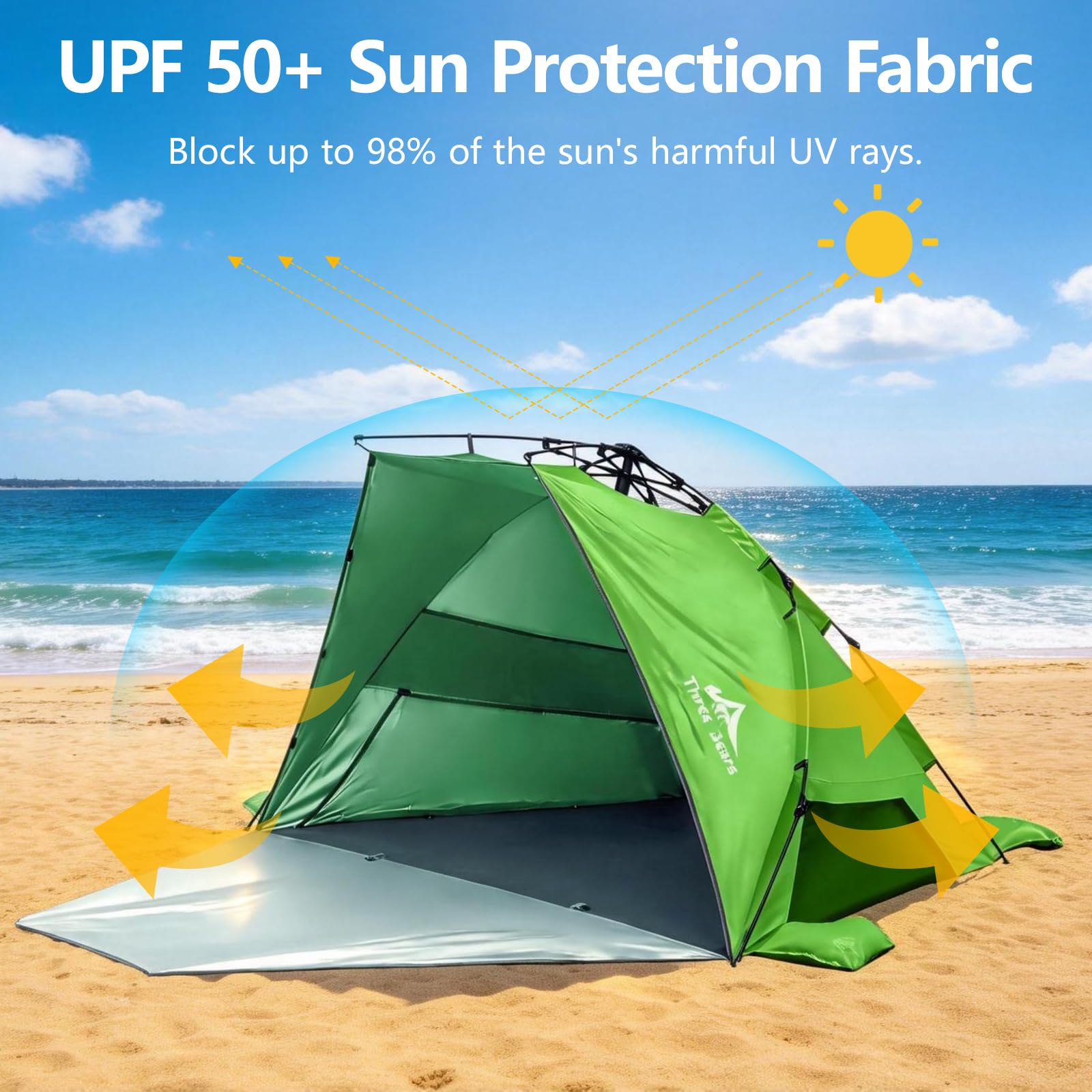 Three Bears Pop-Up-Strandzelt – UV-Schutz LSF 50+, leichte und tragbare Cabana für 3–4 Personen, einfach aufzubauender Sonnenschutz