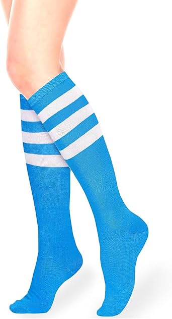 Womens Activewear Knee-High Socks Stripes Running Baseball Thigh High Stockings Outdoor Sport Soccer Tube Socks Blue&White