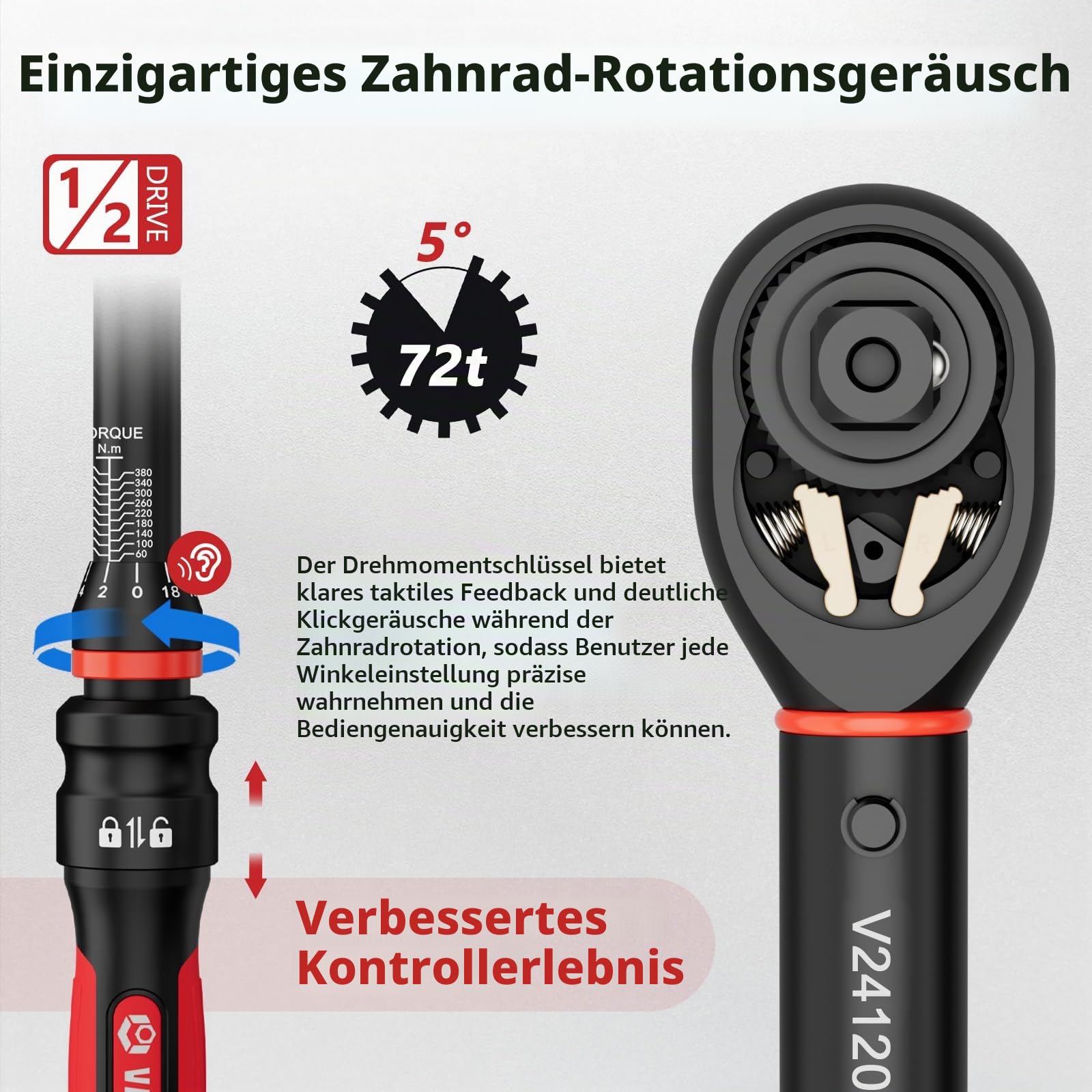 VANPO Drehmomentschlüssel 1/2 Zoll, 60–400 Nm für LKW, SUV, Auto, 72 Zähnen | ±3% Genauigkeit, 55.6cm Hebelarm, Ergonomischer Griff,Präziser Klick, inkl.1/2" auf 3/8" Adapter, 125 mm Verlängerungsstange