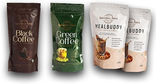 Spiceluxe Aura MealBuddy Meal Replacement Combo with Black Coffee and Green Coffee Powder, High Protein, No Added Sugar, G...
