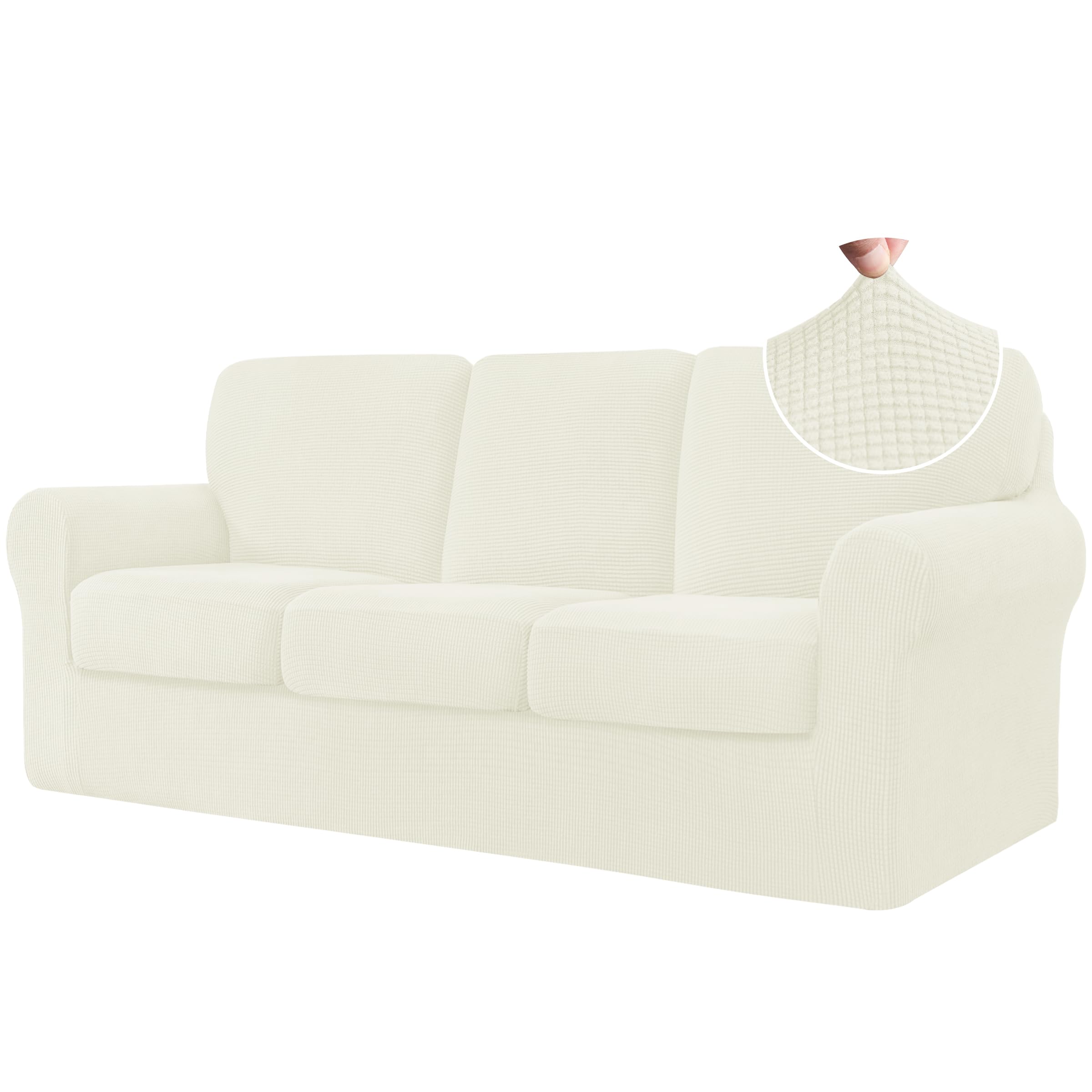 CHUN YI 7 Piece Stretch Sofa Covers for 3 Cushion Couch Covers, 3 Seater Couch Slipcover with 3 Separate Backrests and Cushions with Elastic Band, Checks Spandex Jacquard Fabric(Large,Ivory White)