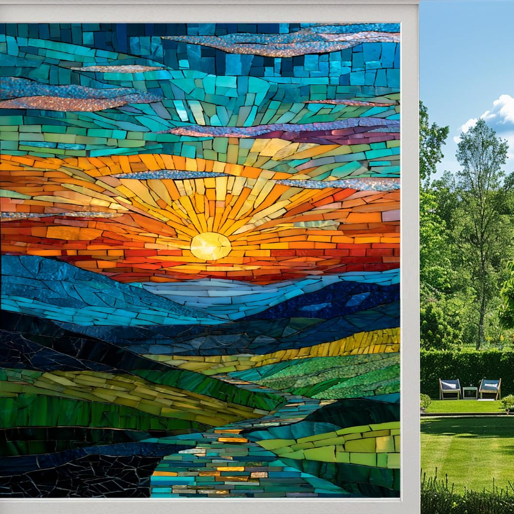 Pmlbaous Abstract Sunrise Frosted Window Film, Natural Field Forest Scenery Stained Glass Privacy Film, Heat Insulation Self-Adhesive Vinyl For Bathroom Office, （55X100cm）