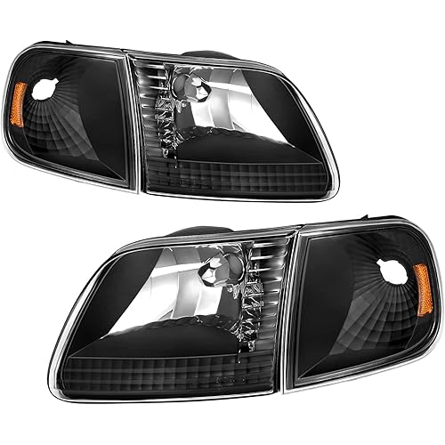 AUTOSAVER88 Headlight Assembly Compatible with 97-03 Ford F-150/97-02 Ford Expedition Pickup Headlamp Replacement Black Housing Amber Reflector