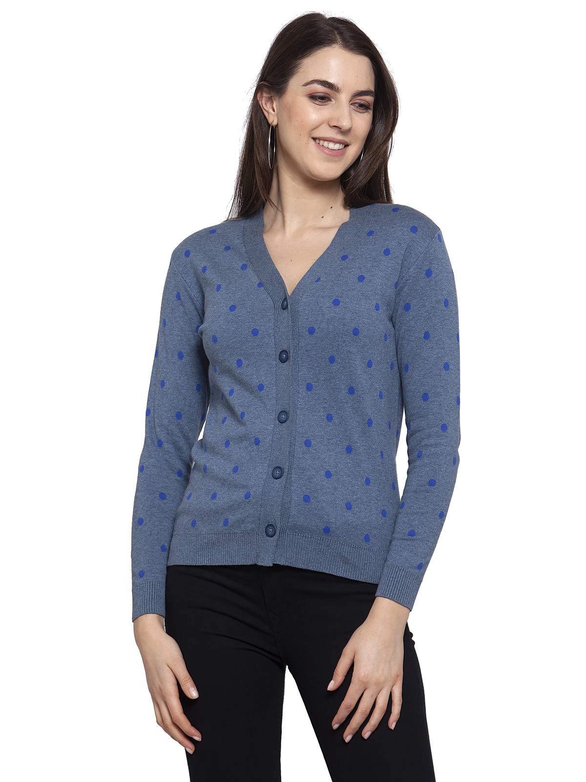 kalt Women Full Sleeves V-Neck Cotton Cardigan Sweater(Blue Melange::Royal Blue)-picture-51