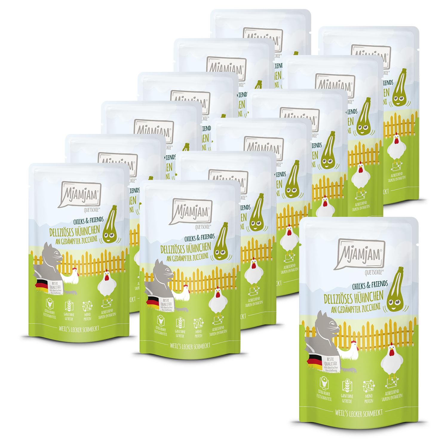 MjAMjAM - Premium wet food for cats - Quetschie - Chicks & Friends delicious chicken with steamed courgette, 12 pack (12 x 125g), grain-free