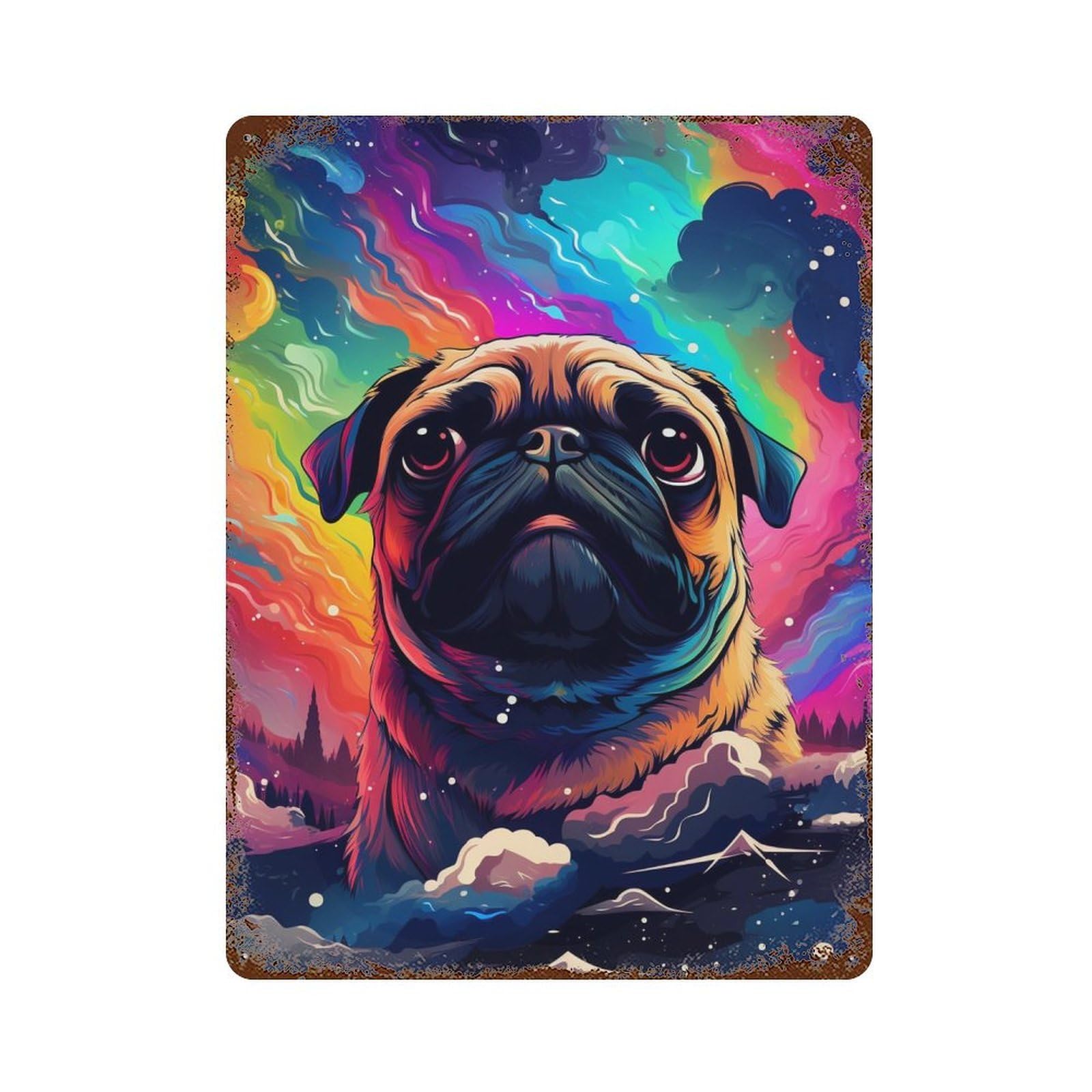 Colorful Pug in Space Weathered Tin Sign 15.7"x11.8", Farmhouse Wall Decor for Garage, Pub Or Kitchen