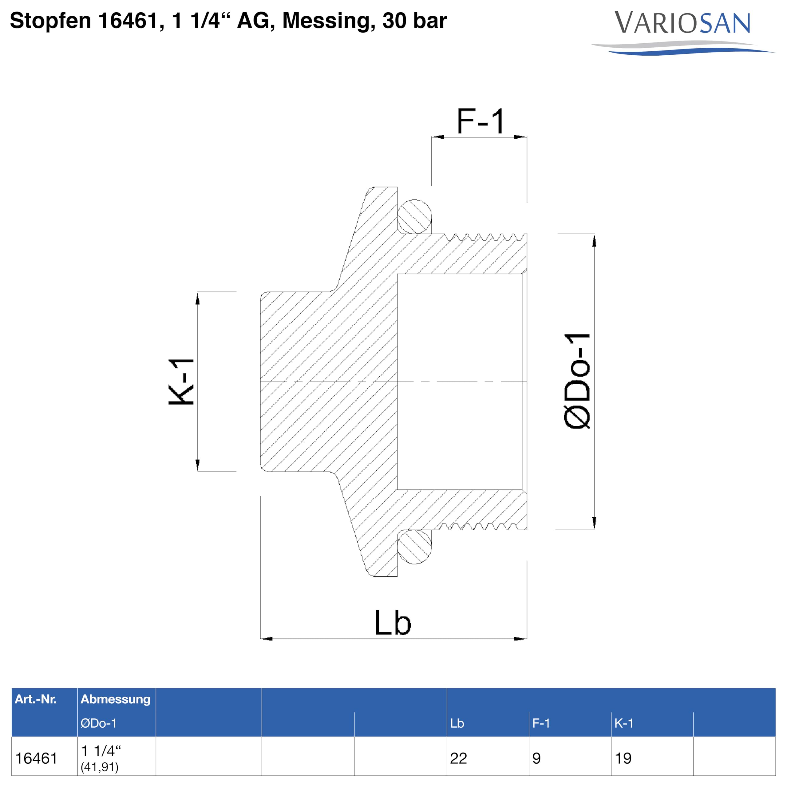 VARIOSAN Tappo 16461, 1 1/4" AG, ottone, 30 bar