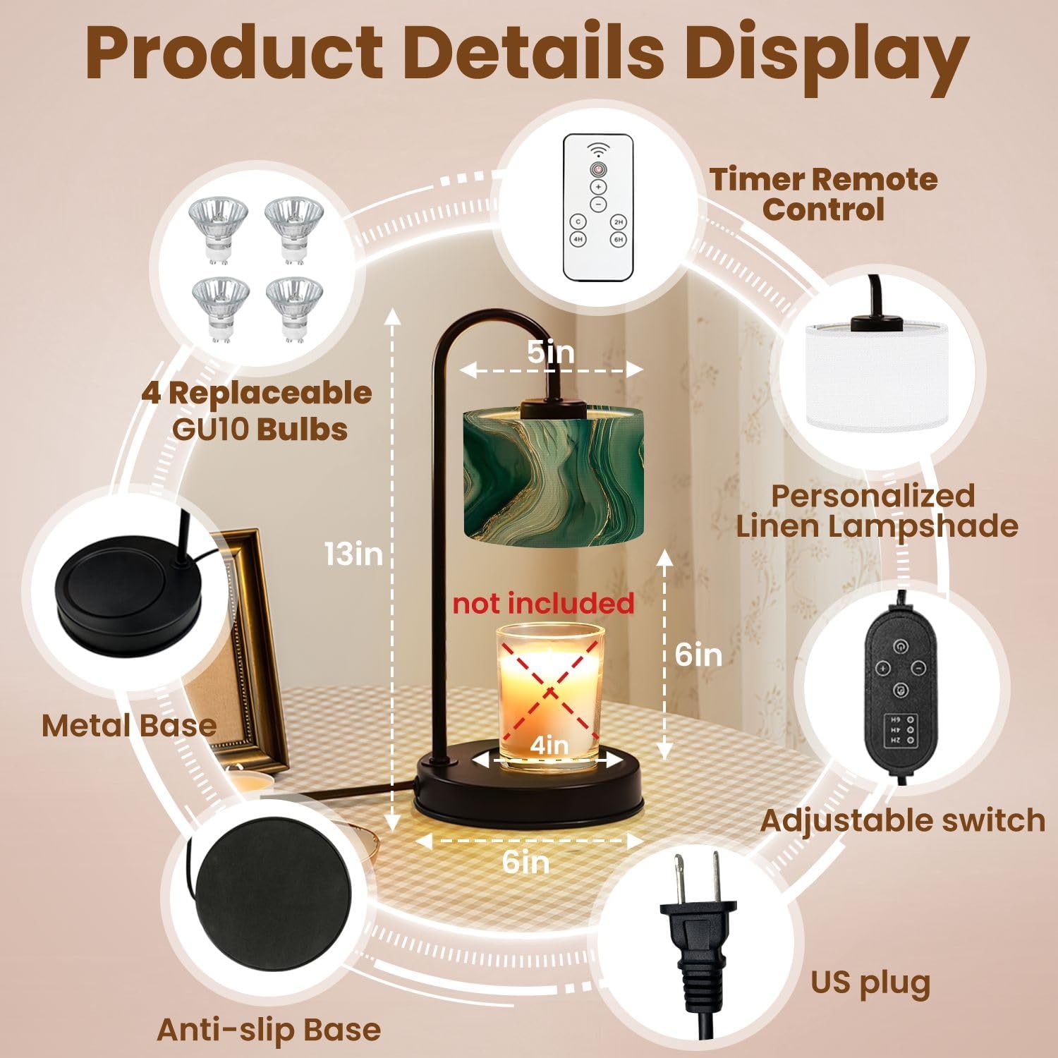 Candle Warmer Lamp with Timer and Dimmer, Agate marble fluid abstract gold stripe texture Green marble agate Wax Melt Warmer with 4 Bulbs, House Warming Birthday Gifts for Women Mom New Home Decor