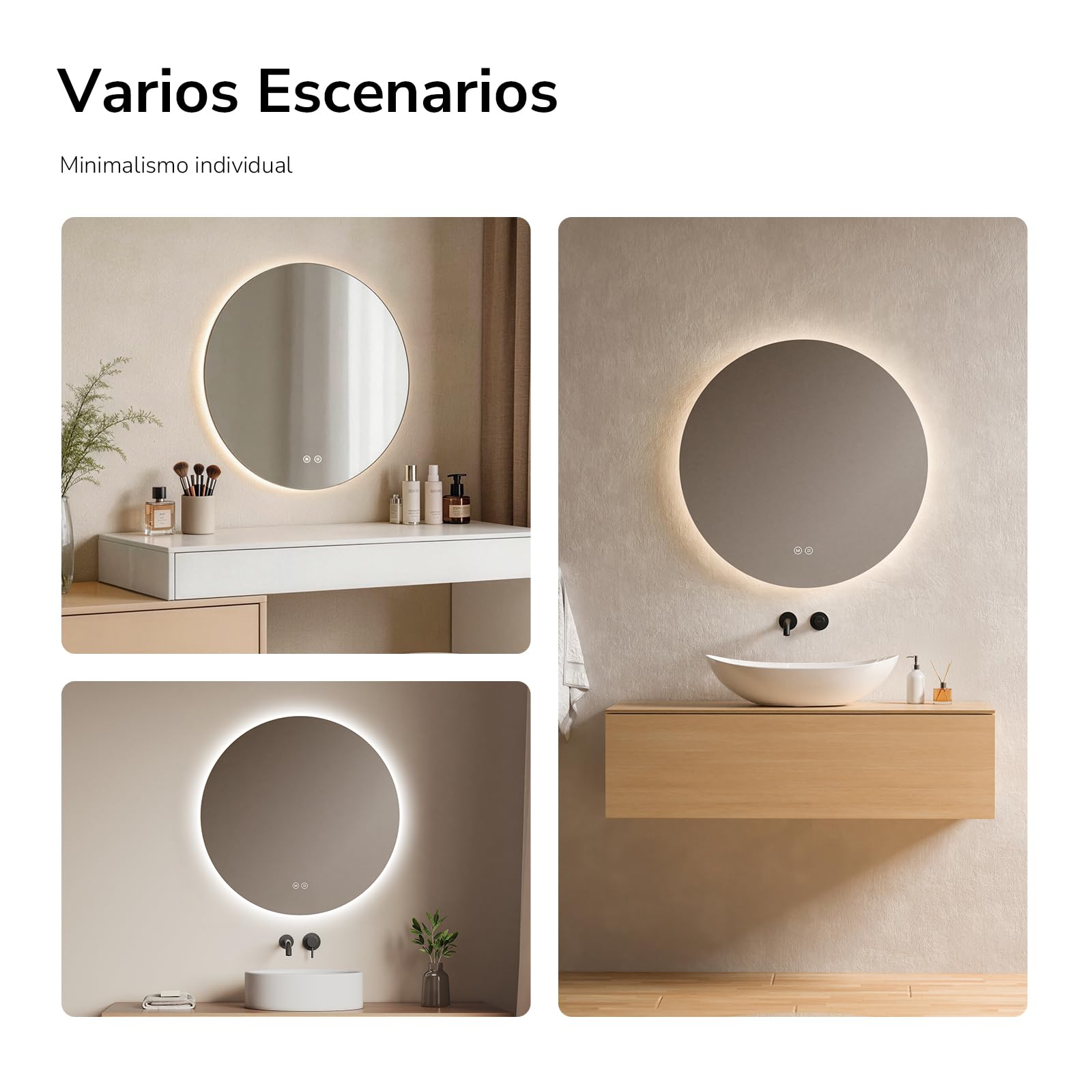 EMKE Espejo LED de Baño Redondo 80 cm,3 Temperaturas de Color