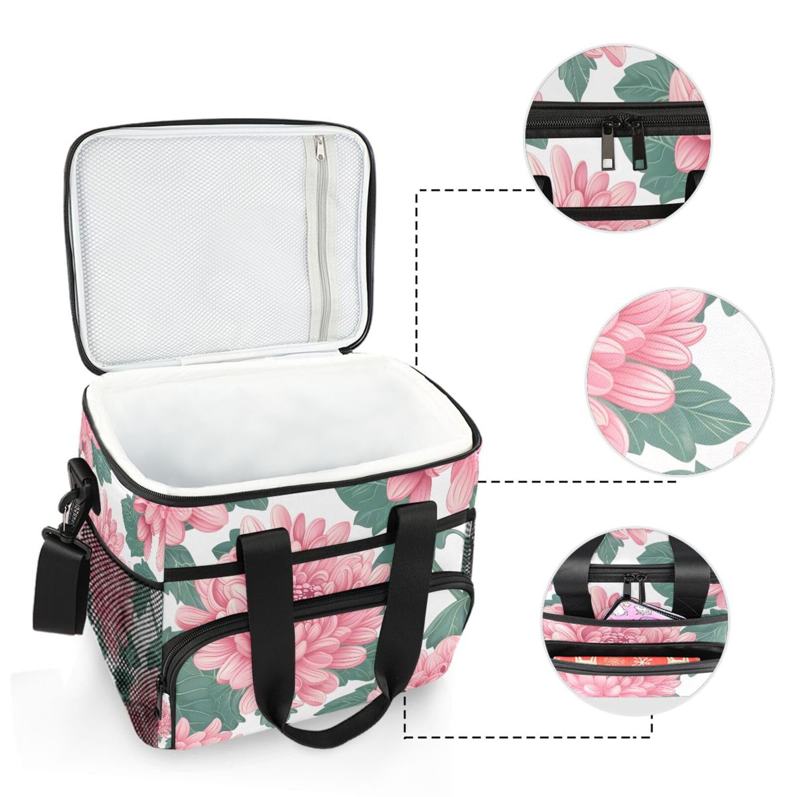 Bolsa térmica grande con diseño de flores rosas de peonía, bolsa térmica impermeable para picnic, 15 L, 24 latas, para adultos, hombres y mujeres