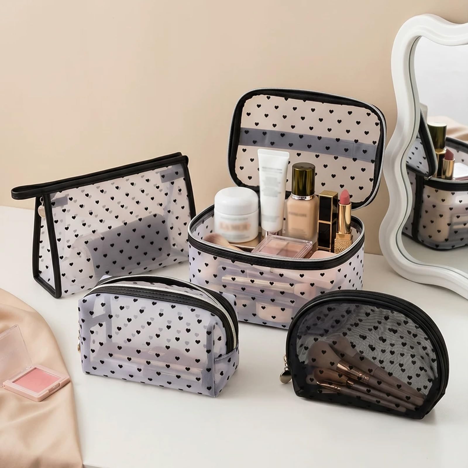 Borsa da Viaggio per Cosmetici, Astuccio Toilette da Viaggio, in Rete con Scomparto Interno a Forma di Cuore Floccato, Tessuto Interno Impermeabile, Bellezza Funzionalità Fondono(Black)