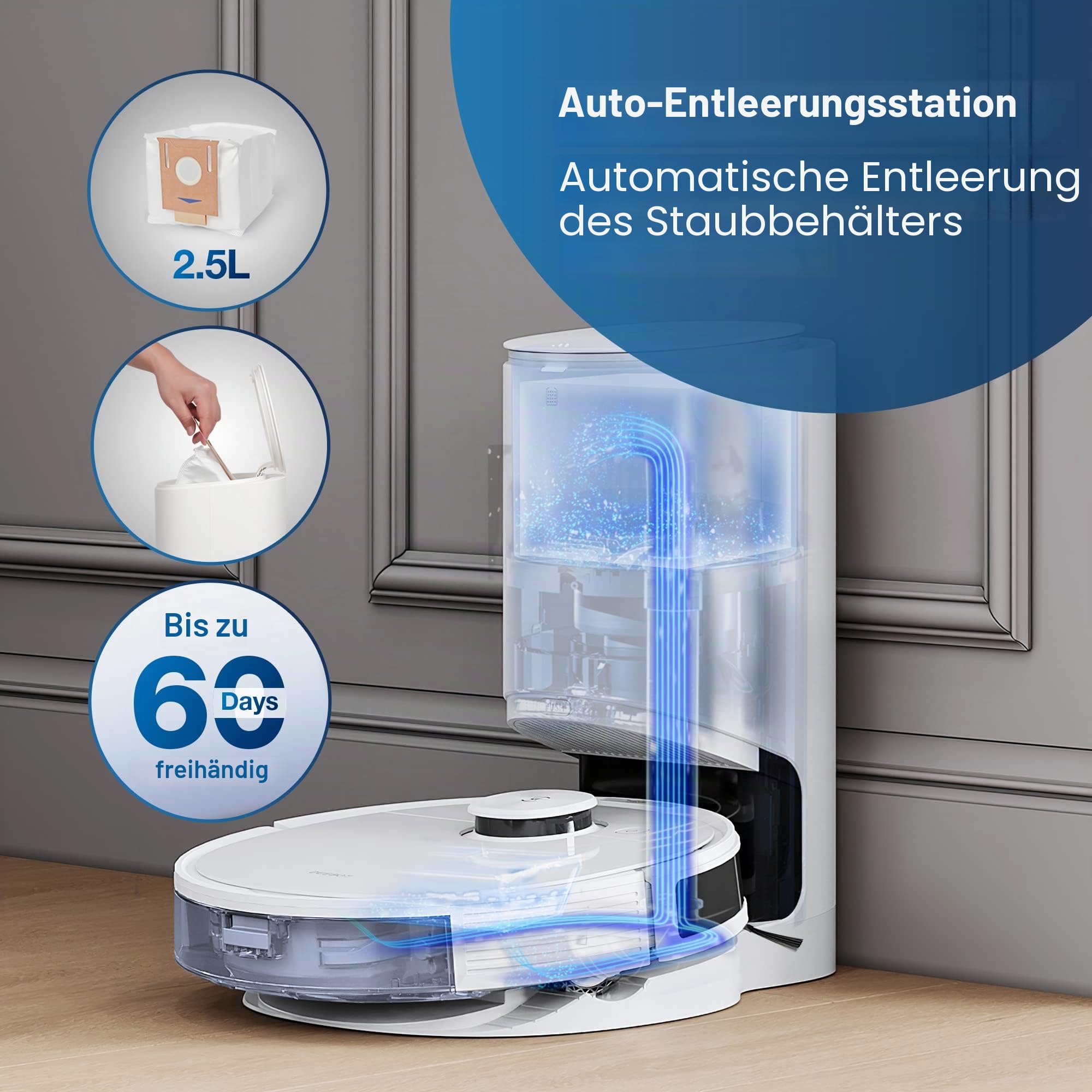 ECOVACS DEEBOT N8+ Saugroboter mit Wischfunktion 2300Pa (2,5L Absaugstation, dToF Lasernavigation, Teppicherkennung, Raumreinigungsplan, Kartierung mehrerer Etagen) für Tierhaare Teppich Hartboden