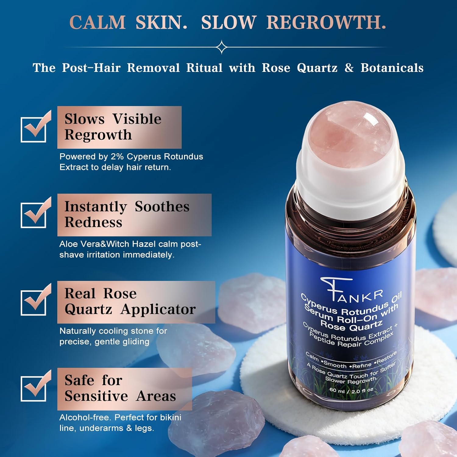 Cyperus Rotundus Oil Serum Roll-On with Rose Quartz, Targeted Post-Hair Removal Care, Helps Reduce the Appearance of Regrowth Over Time, Non-Greasy (2 Fl Oz (Pack of 1))