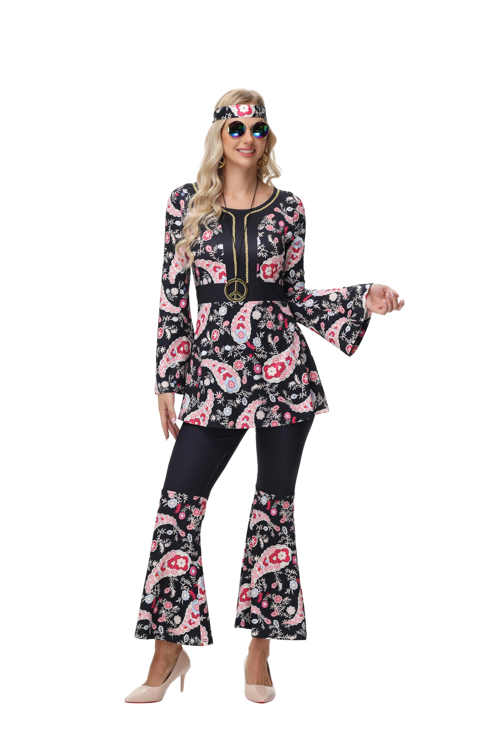ELFIN Disfraz hippie de los años 60 y 70 para mujer, accesorios con parte superior hippie, pantalones, gafas, diadema, collar, pendientes, disfraz de discoteca, carnaval, fiesta temática, Halloween