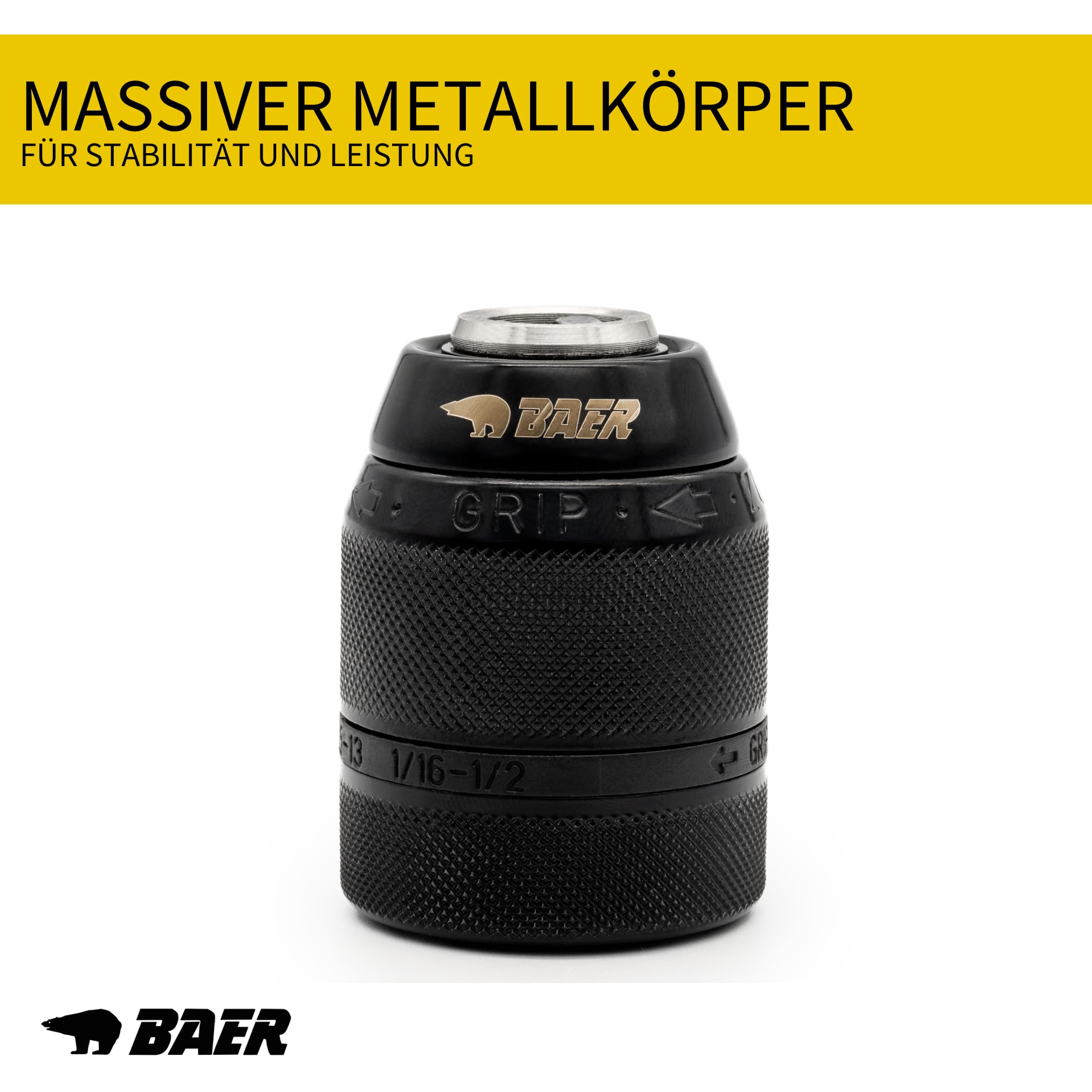 BAER Schnellspannbohrfutter 1,5–13 mm | 1/2-20 UNF | Schlüsselloses Ganzmetall Bohrfutter für Handbohrmaschine, Akku-Bohrmaschine & Bohrhammer | Selbstspannendes Präzisions-Spannfutter BaerCoil