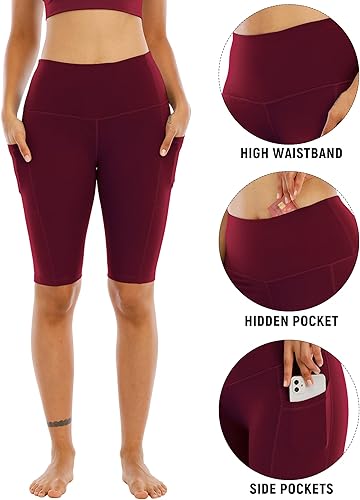 Vista 3 de WHOUARE Paquete de 4 pantalones cortos de yoga con bolsillos para mujer, cintura alta, atléticos, correr, entrenamiento, gimnasio, control de abdomen