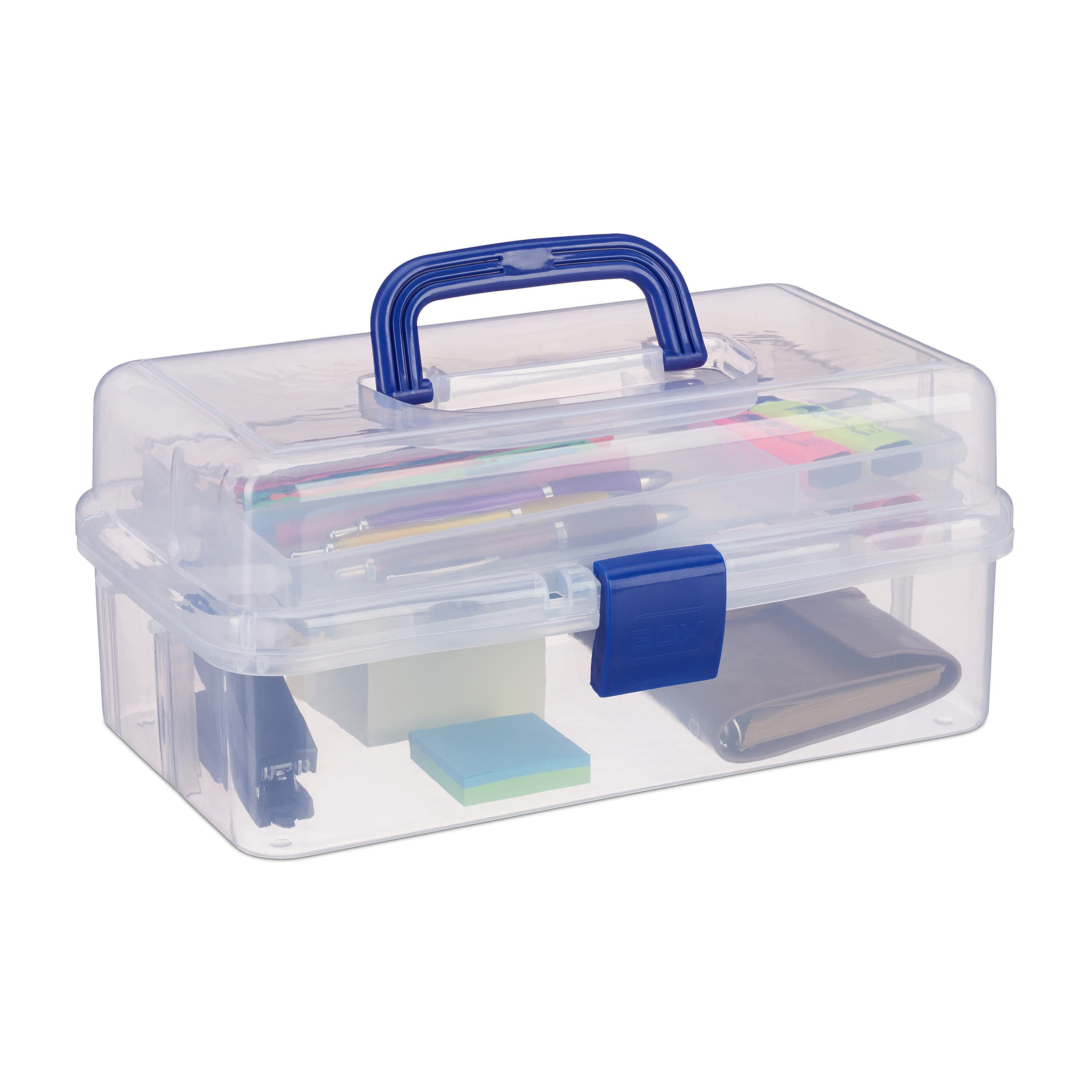 Relaxdays 10x Scatola Trasparente Plastica, 9 Scomparti Per Oggetti, Maniglia e Chiusura A Scatto, 14x33x19,5 cm, Blu