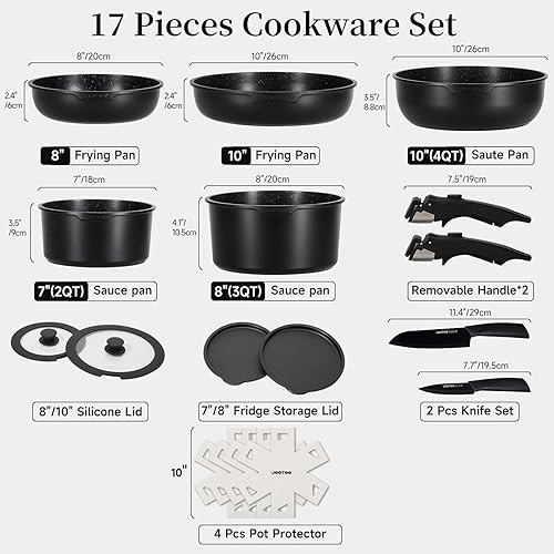 Miniatura 2 de JEETEE Juego de ollas y sartenes antiadherentes, 17 piezas, juegos de utensilios de cocina con mango desmontable, juego de utensilios de cocina