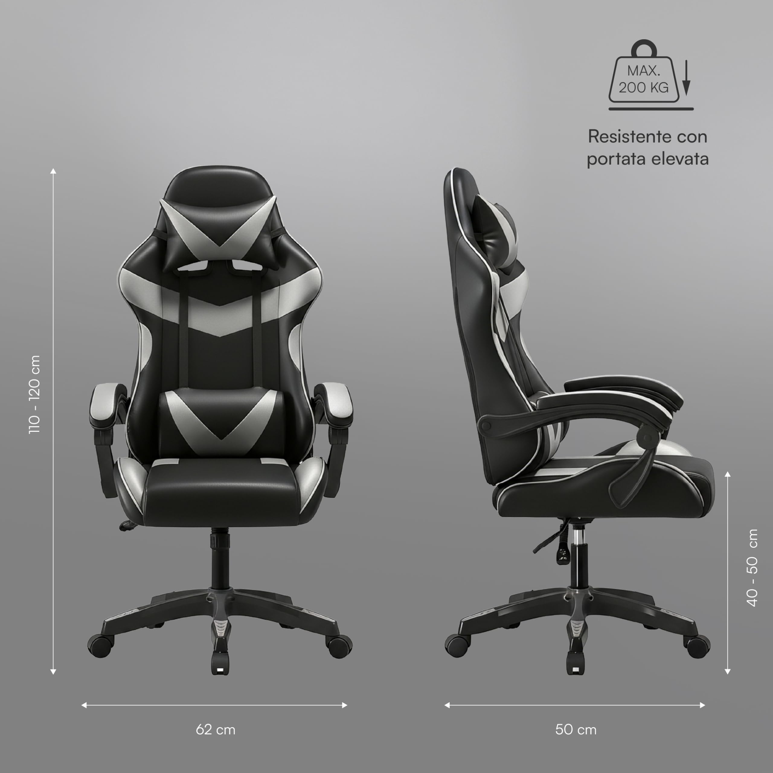 Baroni Home Sedia Gaming con Schienale Ergonomico Inclinabile e Altezza Regolabile, Sedia Ufficio con Supporto Lombare, Poggiatesta Imbottito, 50x62x110-120 cm, Nera e Grigia