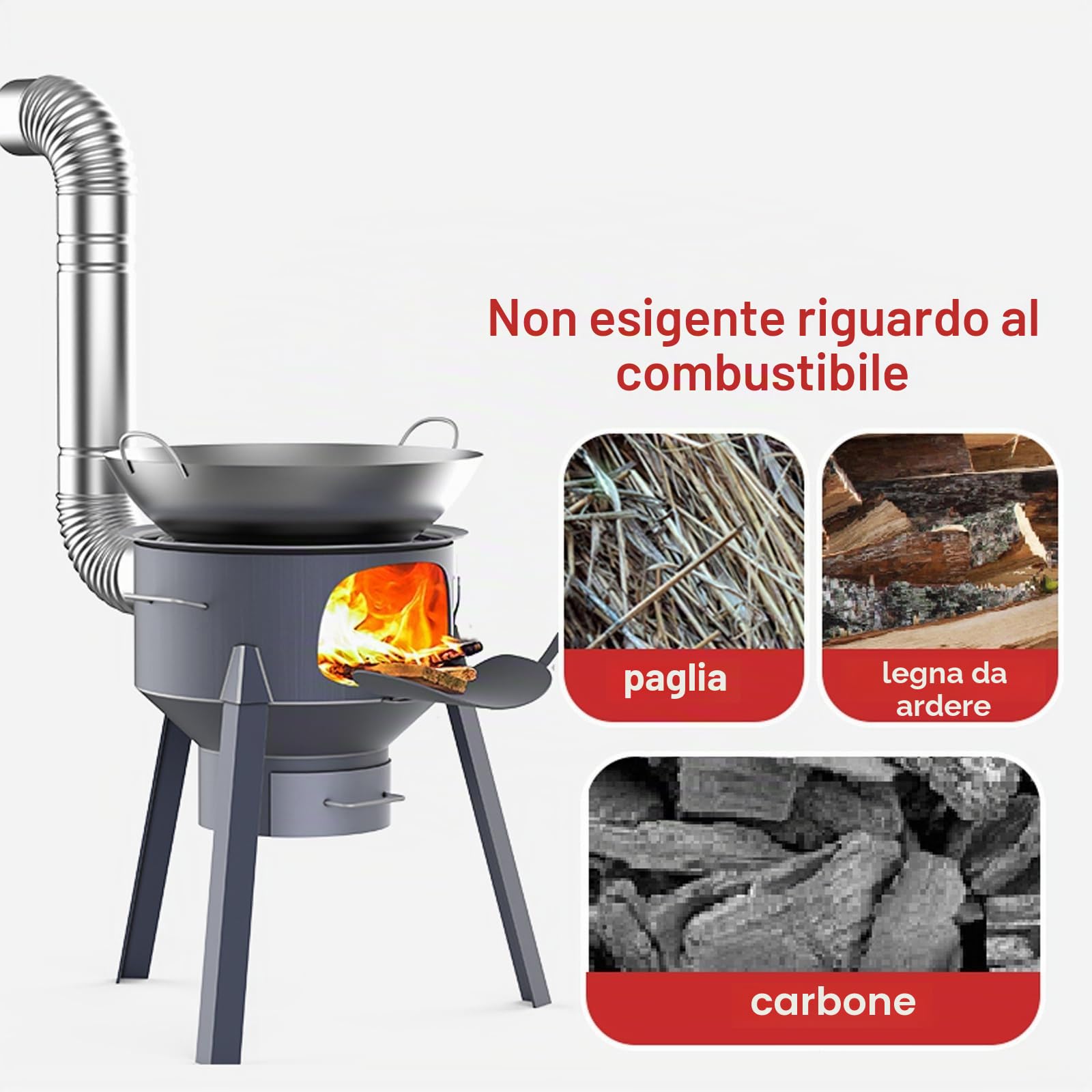 Stufa a legna con griglia - Staccabile, fornello da campeggio per legna da ardere per cucinare all'aperto - Grande stufa a razzo da campeggio con canna fumaria - Accessorio per barbecue da giardino