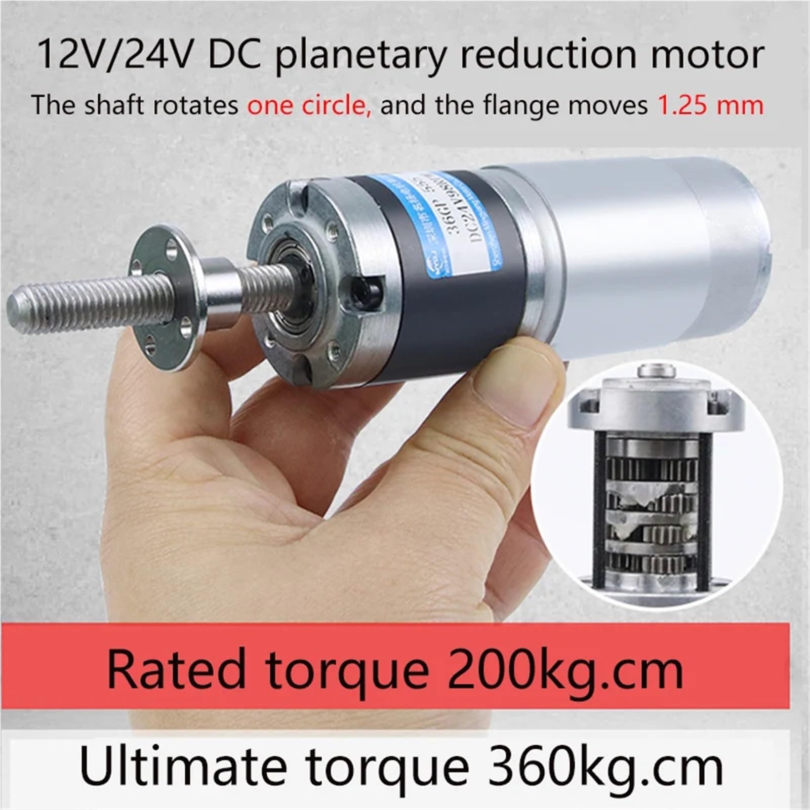 Moteur réducteur planétaire à courant continu 12/24 V 100 kg 36-555 M8 50/100 mm à tige filetée, couple élevé, avec encodeur, tige filetée M8(50mm shaft,24V 11RPM,Motor with encoder)