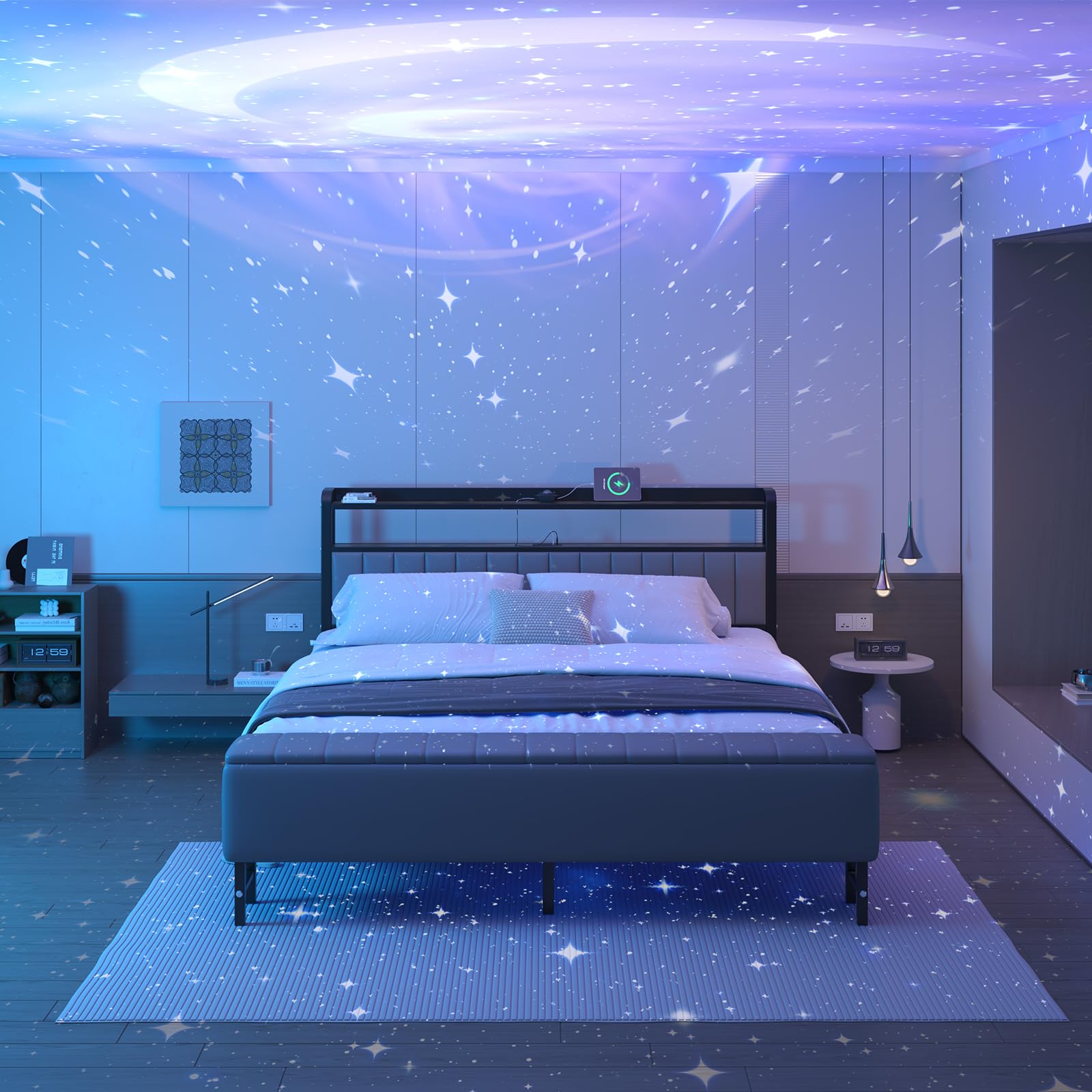 LoVinson King Size Bed Frame with Star Projector and Charging Station, Two Brown Nightstands and Upholstered Headboard with Storage, No Box Spring