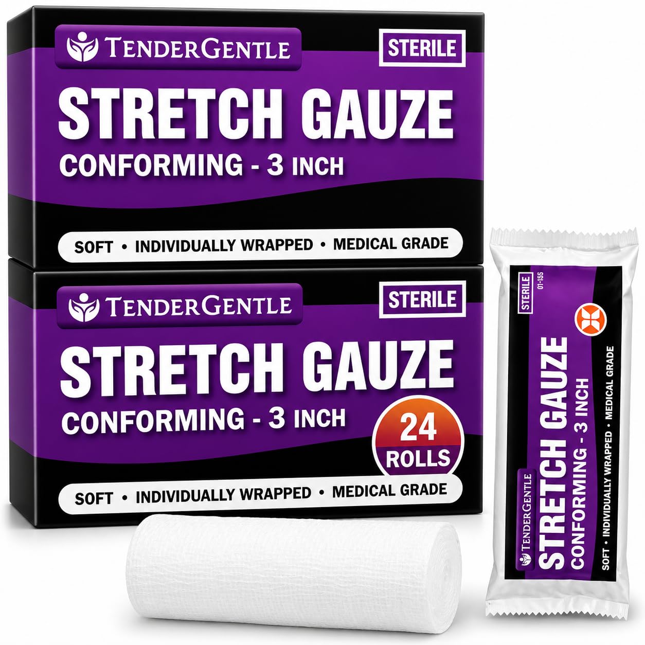 Conforming Stretch Gauze Rolls 3 Inch - 2 Pack of 24 White Sterile Gauze Wrap for Wounds - Good for Sprained Ankles, Wrists, and More