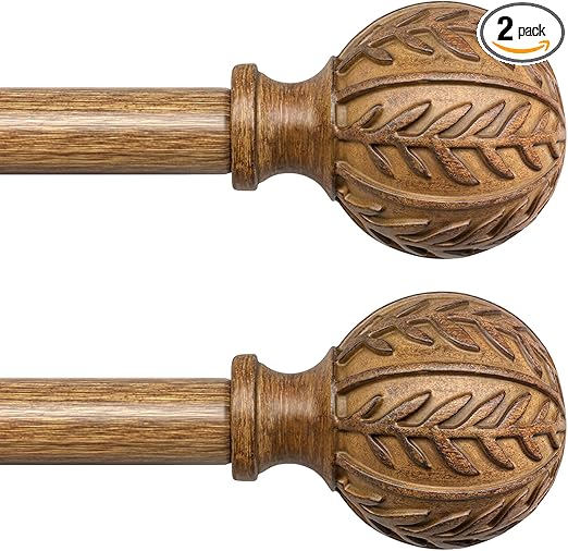 2 Pack Wood Curtain Rods for Windows 28 to 48 Inch, 1'' Adjustable Decorative Drapery Rods with Imitation Wood Grain Leaf Pattern Finials, Boho Heavy Duty Window Curtain Rods Set 18''-45''