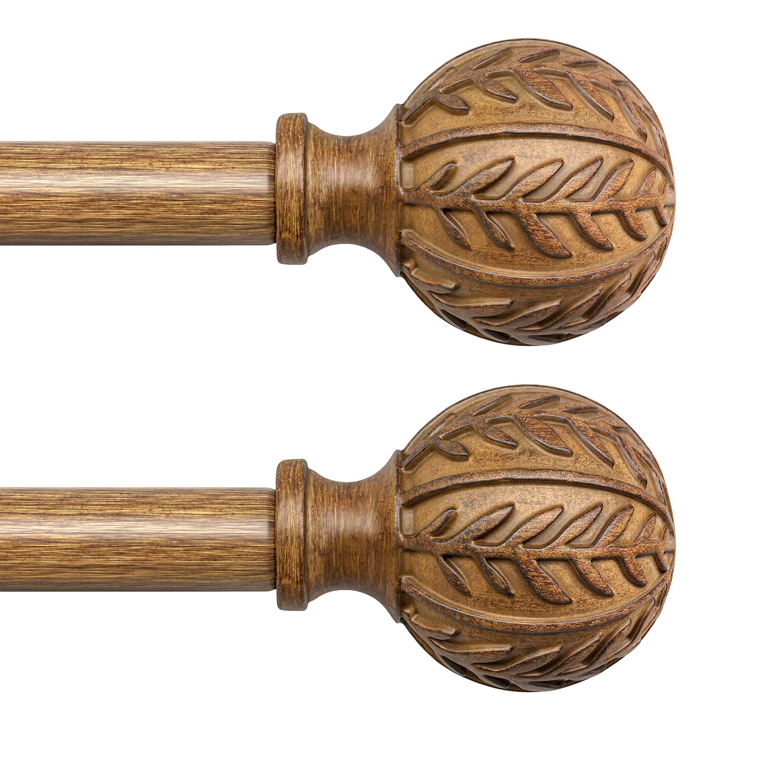 QDWIS 2 Pack Wood Curtain Rods for Windows 48 to 84 Inch, 1'' Adjustable Decorative Drapery Rods with Imitation Wood Grain Leaf Pattern Finials, Boho Heavy Duty Window Curtain Rods Set 36''-88''