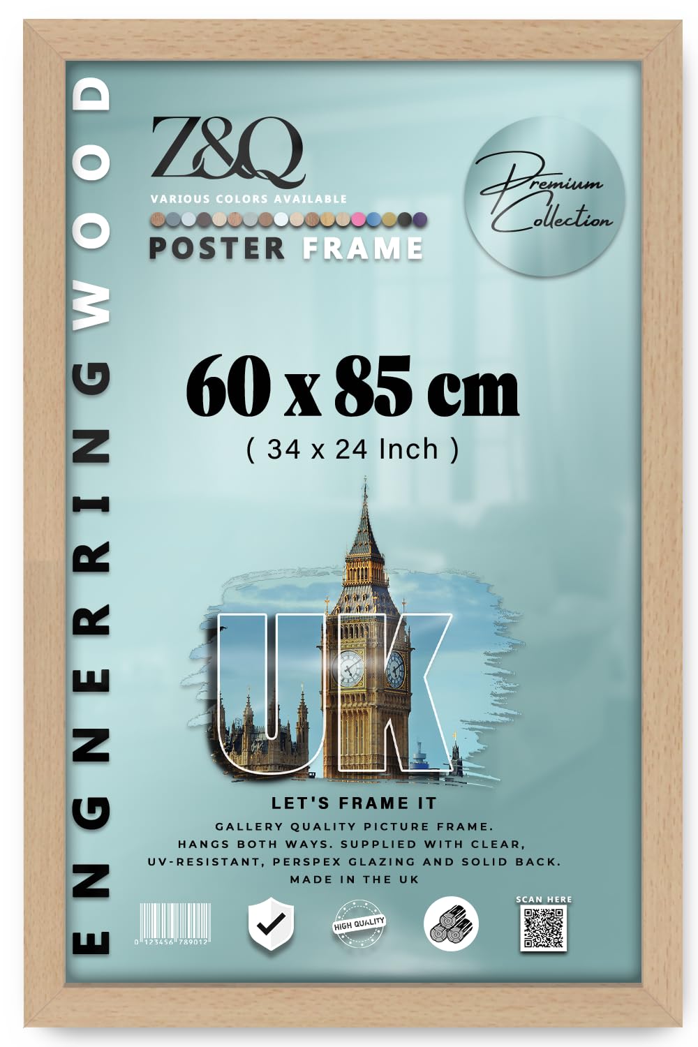 Z&Q - Elegant MDF Wood Finish (60 x 85 CM) Poster Frame | Modern Design 34 x 24 Inch Great for Artwork, Wall Décor, and Home Décor [ Beech ] — image 1