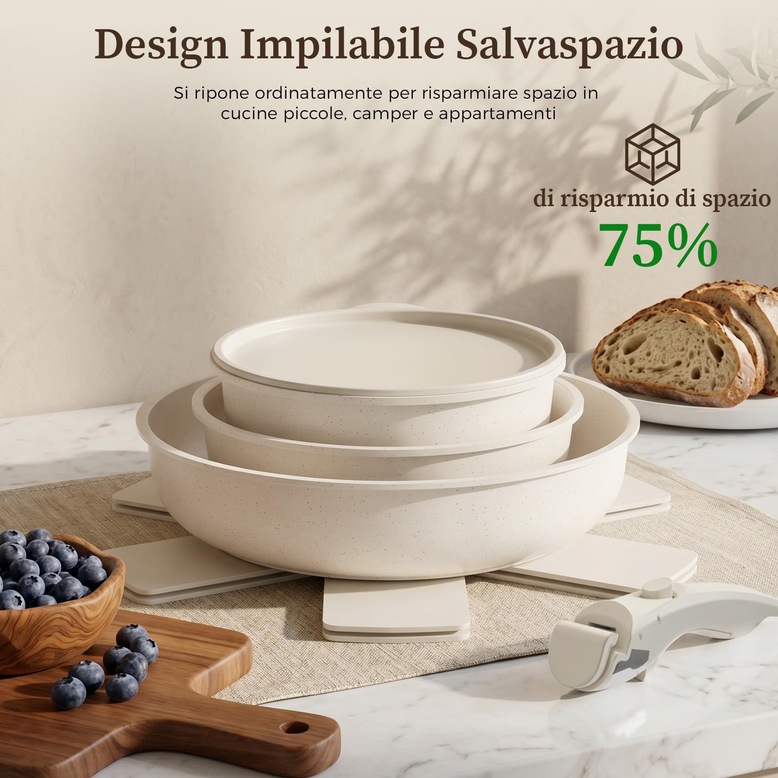 YASHE Pentole induzione 9 pezzi, atossiche, senza PTFE e PFAS | Tegame con Coperchio, Set Pentole e Padelle Antiaderenti in Granito Bianco, Induzione, Salvaspazio Impilabile