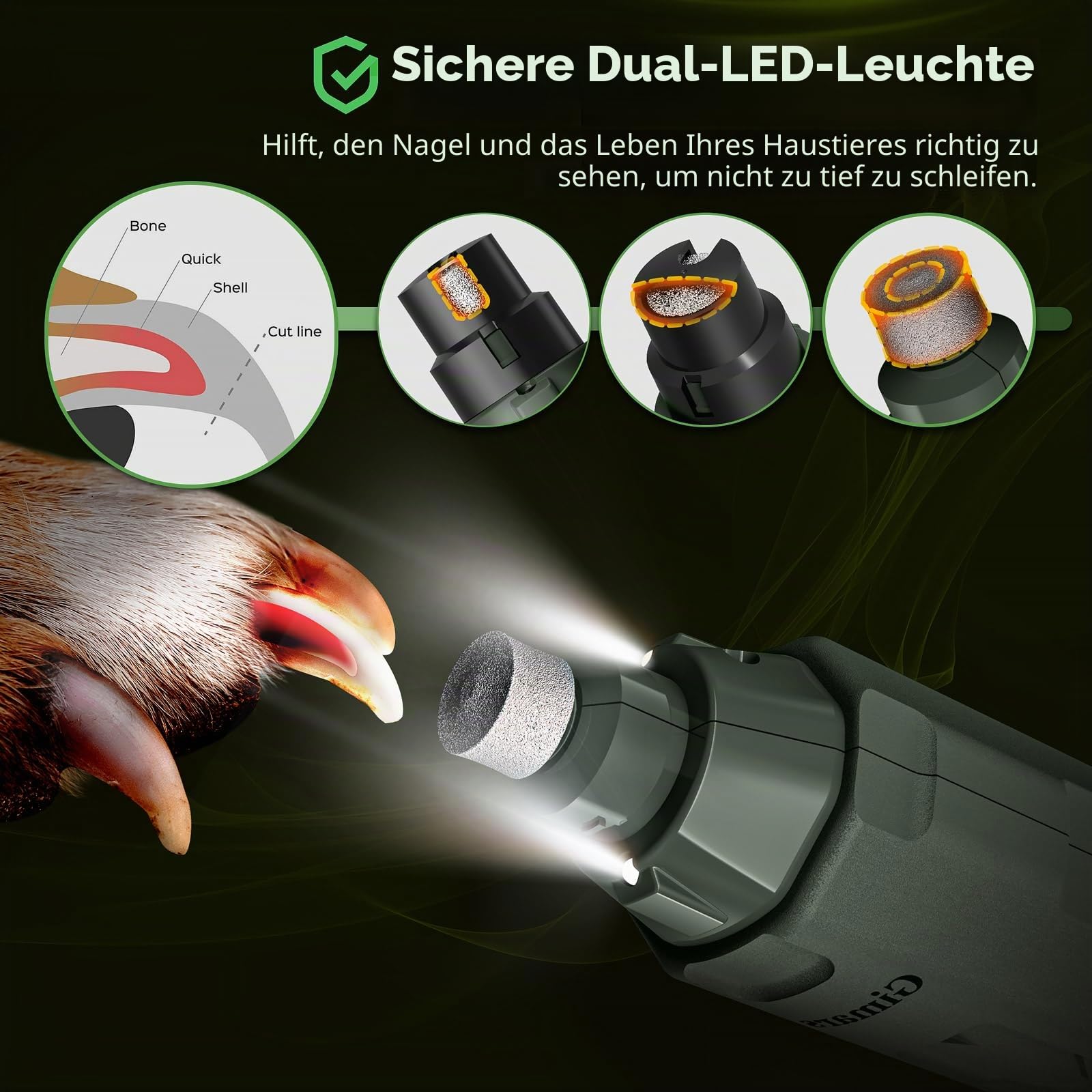 Gimars Krallenschleifer für Hunde 6-Gang Mit 2 LED-Licht, Superleise, 12000RPM Verstellbare Hunde Krallenschleifer mit USB, Geeignet für Katzen und Hunde, Armeegrün