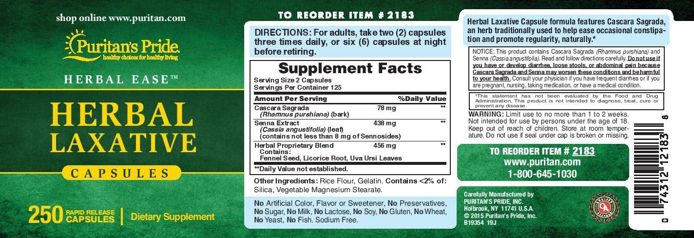 Puritan's Pride Herbal Laxative to Help with Occassional Constipation, 250 Count
