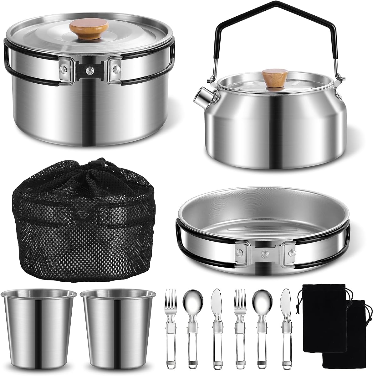 Kit de 12 piezas de utensilios de cocina para acampar al aire libre, hervidor ligero de acero inoxidable, olla y sartén antiadherentes, con kits de cucharas para tenedores adecuados para picnics y viajes de mochilero