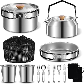 12pcs Outdoor Camping Cookware Kit, Lightweight Stainless Steel Kettle, Non-Stick Pot and pan, with Fork Spoon Kits Suitable for picnics and Backpacking Trips