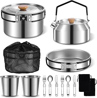 12pcs Outdoor Camping Cookware Kit, Lightweight Stainless Steel Kettle, Non-Stick Pot and pan, with Fork Spoon Kits Suitable for picnics and Backpacking Trips