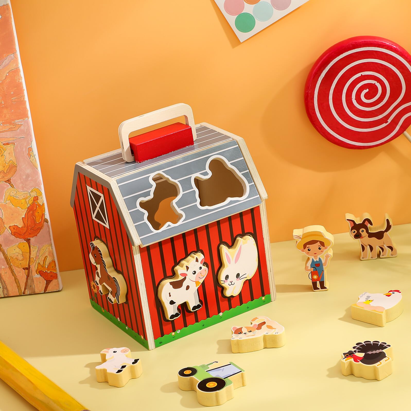 Hemobllo Set Gioco Fattoria Animali in Legno Montessori Stem | Attività Prescolare 2-5 Anni, per Interno, Ragazze e Ragazzi, Riconoscimento Colori