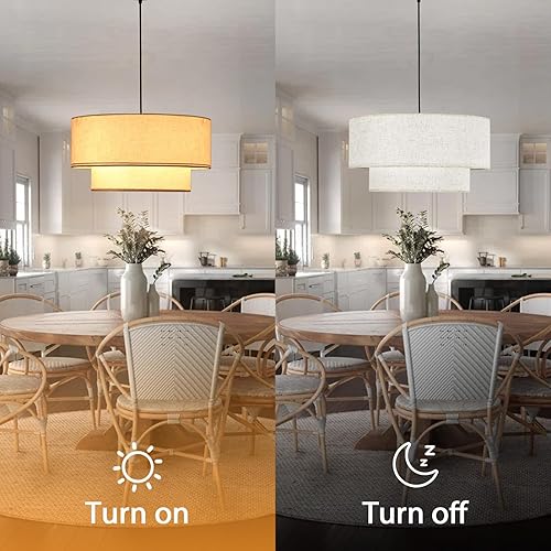 Miniatura 7 de Lámpara colgante de tambor de lino, lámpara de comedor de doble tambor de 18 pulgadas con pantalla de lino, candelabros de tambor de 3 luces para