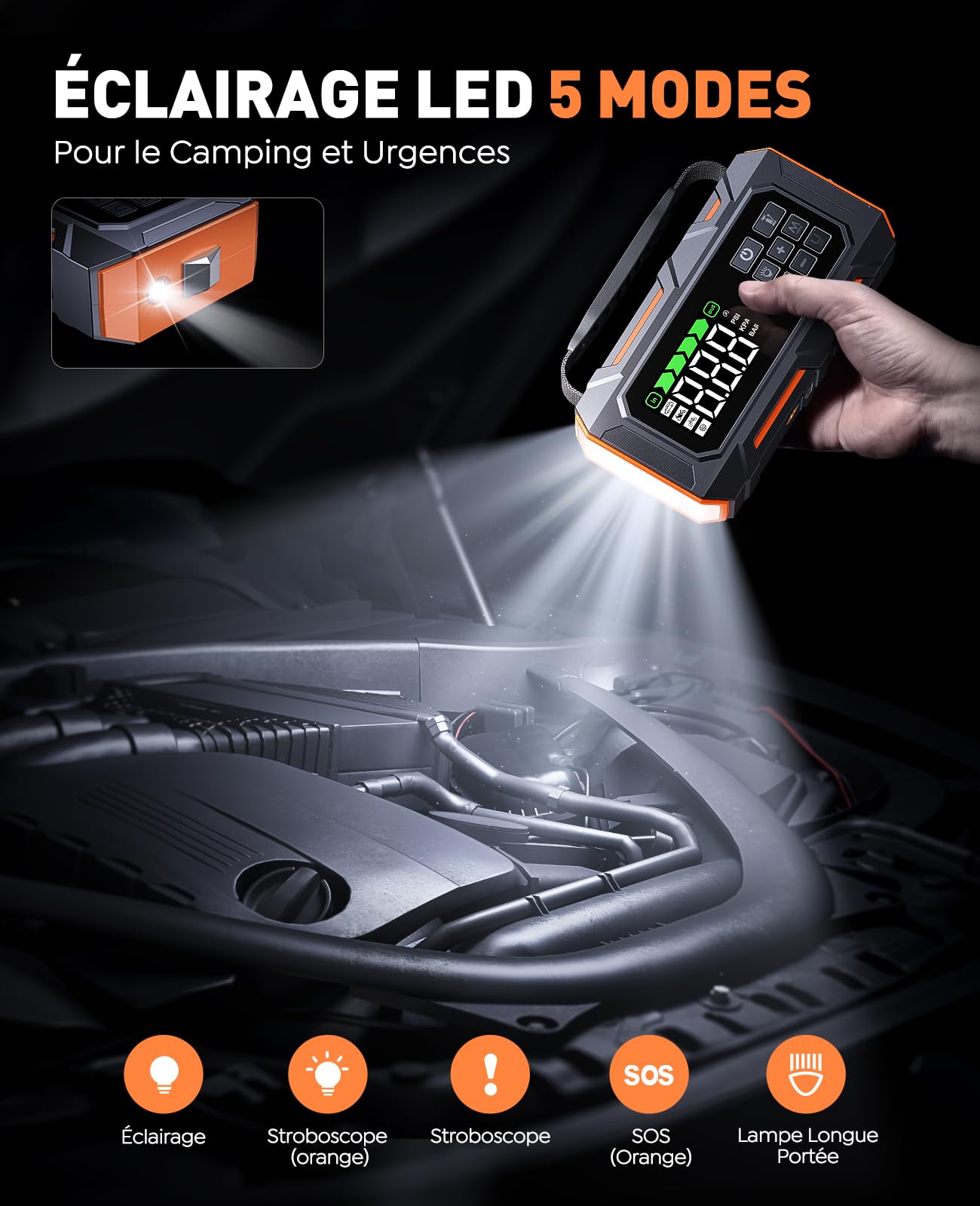 14-in-1 8000A Booster Batterie Voiture avec Gonfleur 160PSI, 26800mAh Démarreur avec Kit d'urgence Voiture, Booster Moto avec 5 LED, Kit Réparation Pneus, Marteau Sécurité (Tous Gaz/12L Diesel)