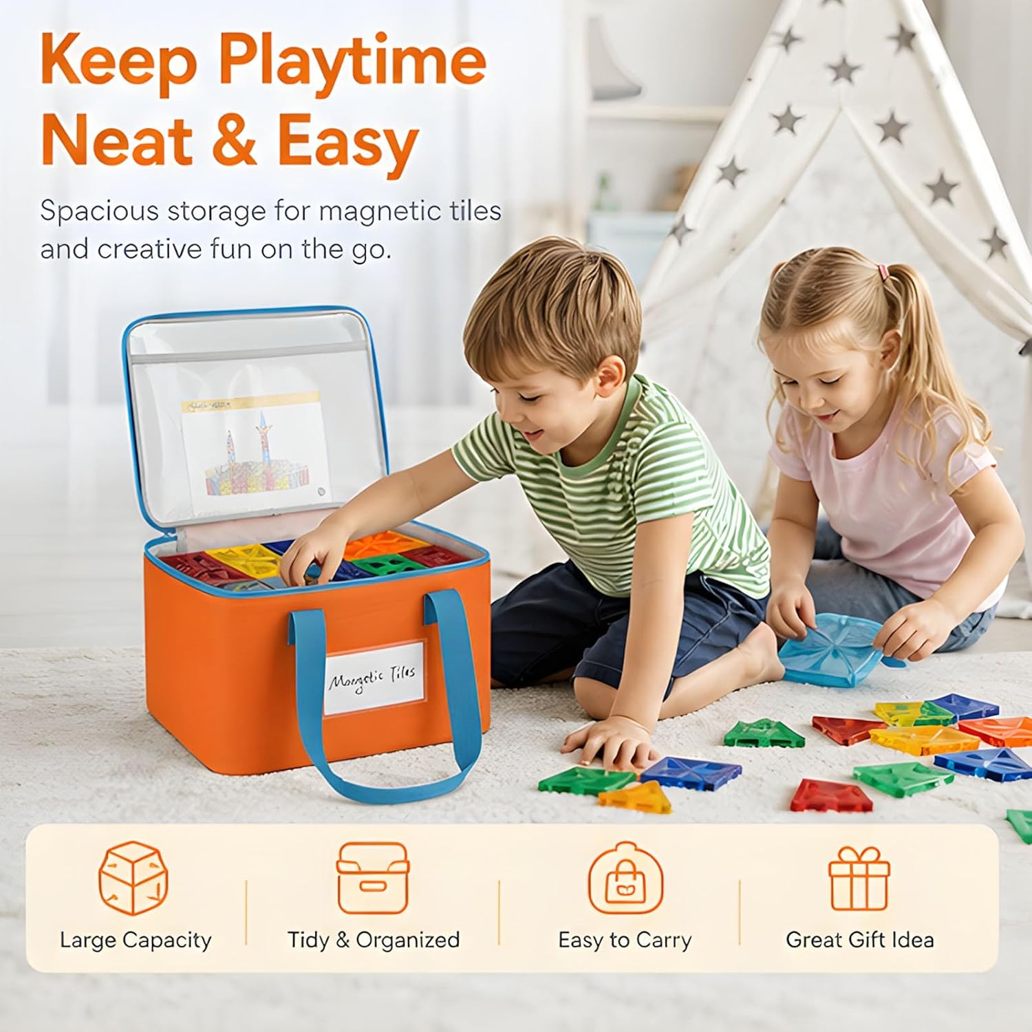 Clear Top Storage Tote for Building Blocks, Zippered Toy Organizer Bag with Carry Handles for Living Room Cleanup and Easy Access Use Building Block Organizer Tote Clear Top Toy Bag Playroom
